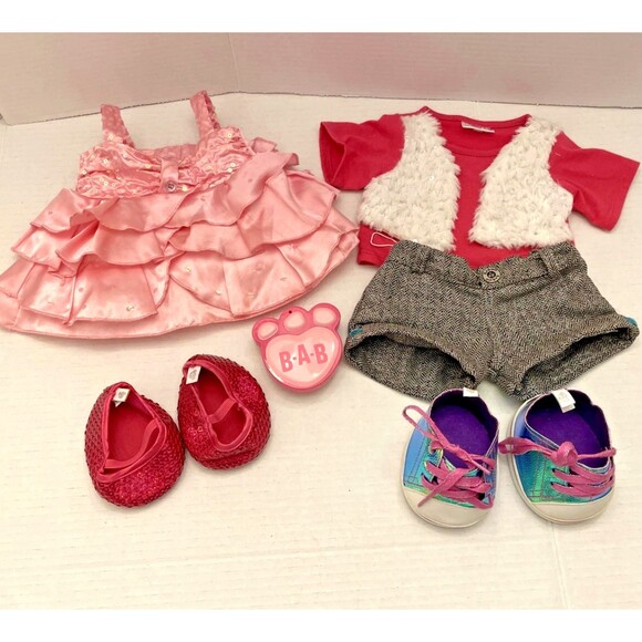 Build A Bear Outfit Lot Pink Gown Dress Sparkle Shoes Shorts Sneakers & Brush - Picture 1 of 14